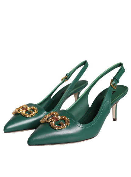 Dolce & Gabbana Dark Green DG Amore Leather Slingbacks Shoes