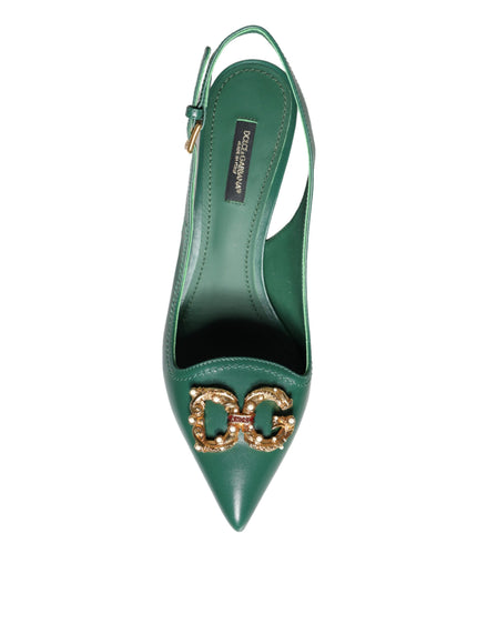 Dolce & Gabbana Dark Green DG Amore Leather Slingbacks Shoes