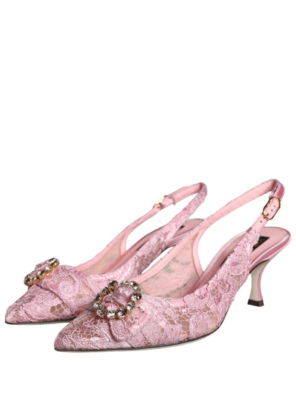 Dolce & Gabbana Pink Taormina Lace Crystal Heel Slingbacks Shoes