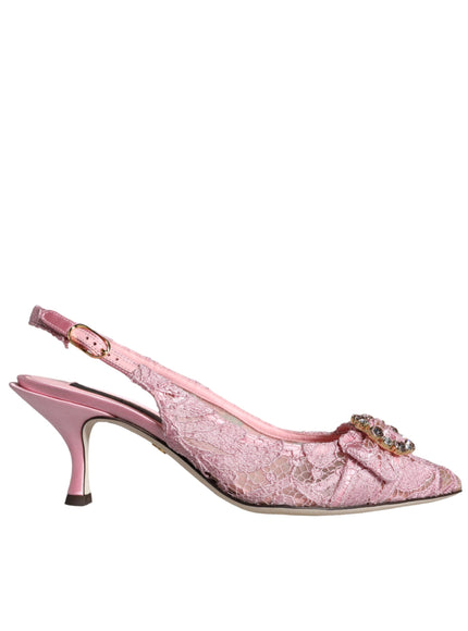 Dolce & Gabbana Pink Taormina Lace Crystal Heel Slingbacks Shoes