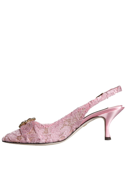 Dolce & Gabbana Pink Taormina Lace Crystal Heel Slingbacks Shoes