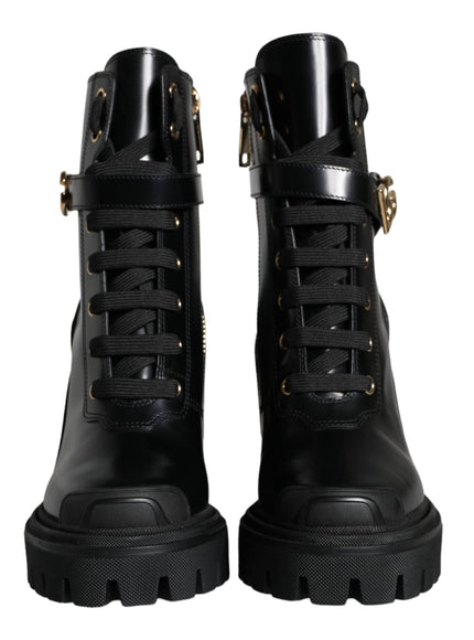 Dolce & Gabbana Black Calf Leather Logo Trekking Biker Boots Shoes