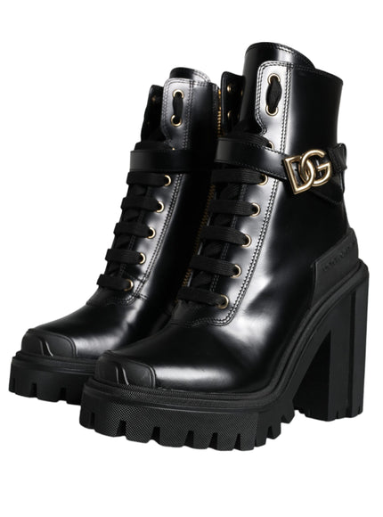 Dolce & Gabbana Black Calf Leather Logo Trekking Biker Boots Shoes