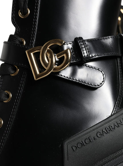 Dolce & Gabbana Black Calf Leather Logo Trekking Biker Boots Shoes