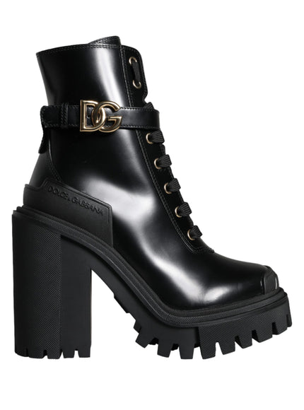 Dolce & Gabbana Black Calf Leather Logo Trekking Biker Boots Shoes