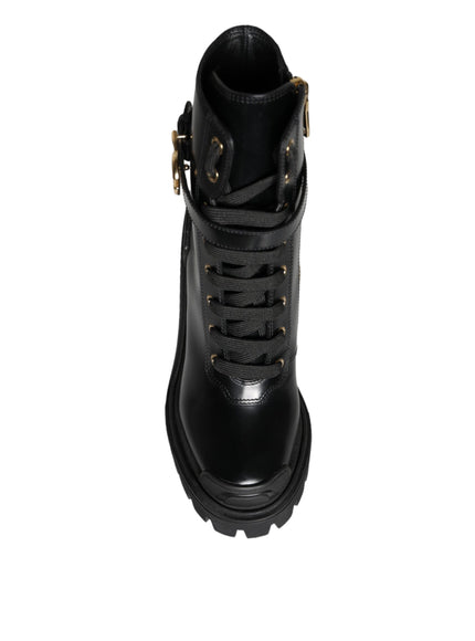 Dolce & Gabbana Black Calf Leather Logo Trekking Biker Boots Shoes