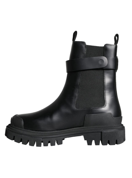 Dolce & Gabbana Black Leather Combat Mid Calf Boots Shoes