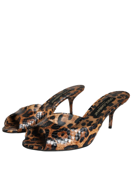 Dolce & Gabbana Brown Leopard Leather Slides Heels Sandals Shoes