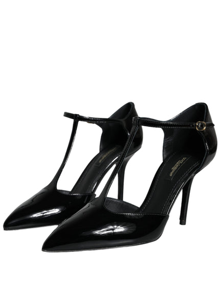 Dolce & Gabbana Black Leather T-strap Stiletto High Heels Shoes