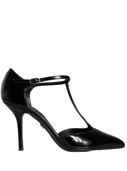 Dolce & Gabbana Black Leather T-strap Stiletto High Heels Shoes