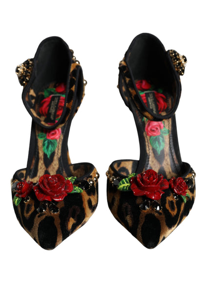 Dolce & Gabbana Brown Leopard Floral Crystal Ankle Strap Pumps Shoes