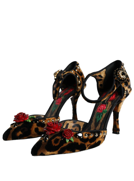 Dolce & Gabbana Brown Leopard Floral Crystal Ankle Strap Pumps Shoes