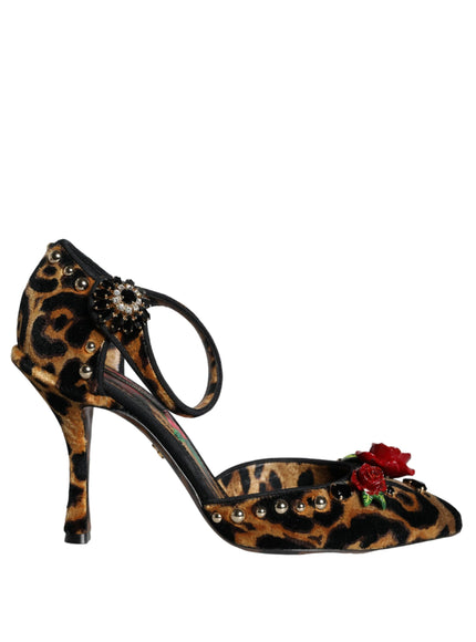 Dolce & Gabbana Brown Leopard Floral Crystal Ankle Strap Pumps Shoes