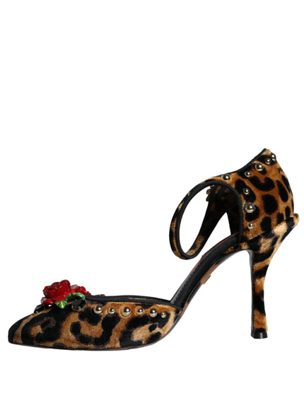 Dolce & Gabbana Brown Leopard Floral Crystal Ankle Strap Pumps Shoes