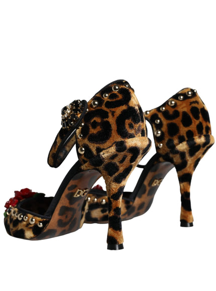 Dolce & Gabbana Brown Leopard Floral Crystal Ankle Strap Pumps Shoes