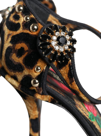 Dolce & Gabbana Brown Leopard Floral Crystal Ankle Strap Pumps Shoes