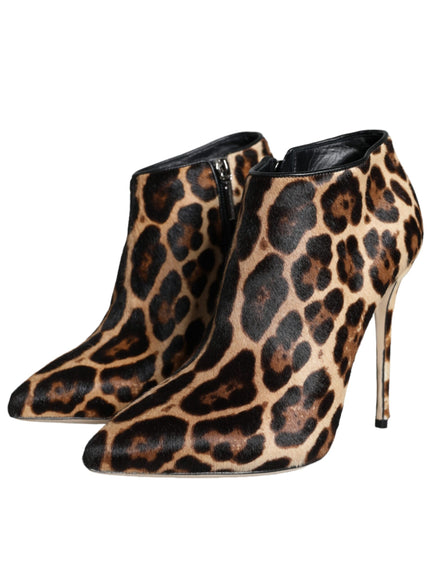 Dolce & Gabbana Brown Leopard Calf Fur Heels Ankle Boots Shoes