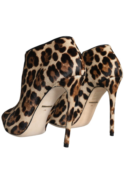 Dolce & Gabbana Brown Leopard Calf Fur Heels Ankle Boots Shoes