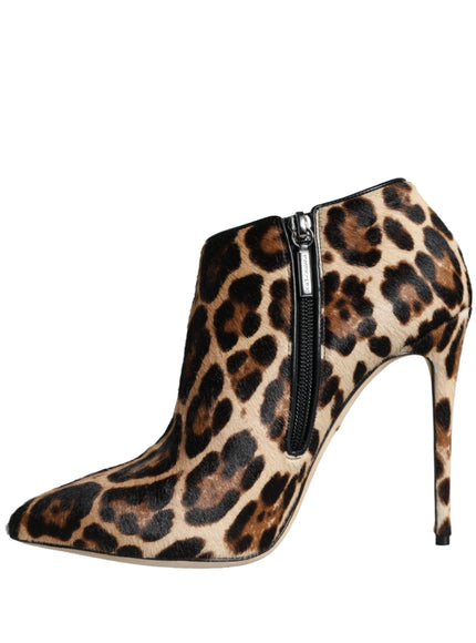 Dolce & Gabbana Brown Leopard Calf Fur Heels Ankle Boots Shoes