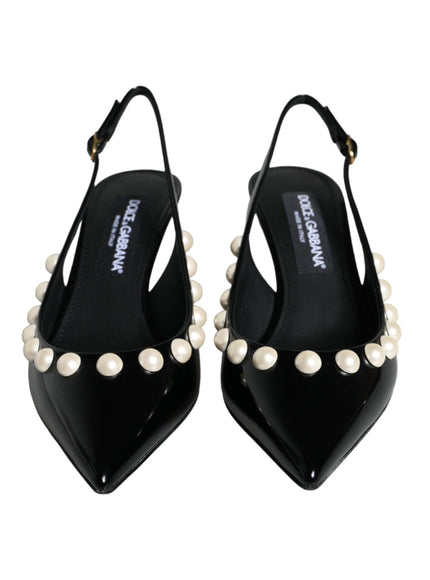 Dolce & Gabbana Black Leather Faux Pearl Heel Slingback Shoes