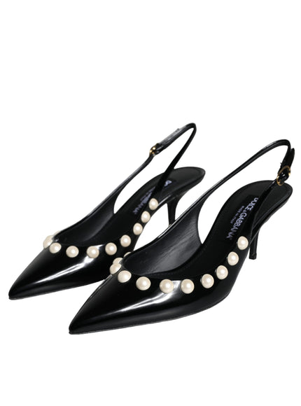 Dolce & Gabbana Black Leather Faux Pearl Heel Slingback Shoes