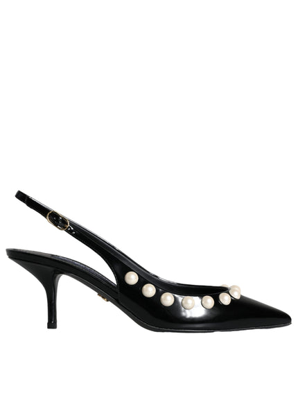 Dolce & Gabbana Black Leather Faux Pearl Heel Slingback Shoes