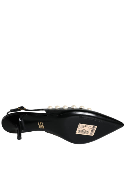 Dolce & Gabbana Black Leather Faux Pearl Heel Slingback Shoes