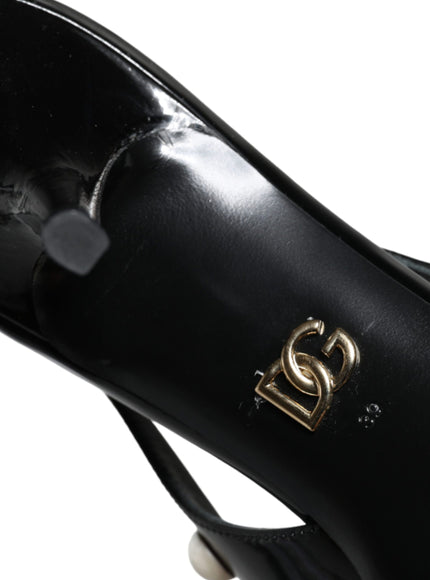 Dolce & Gabbana Black Leather Faux Pearl Heel Slingback Shoes