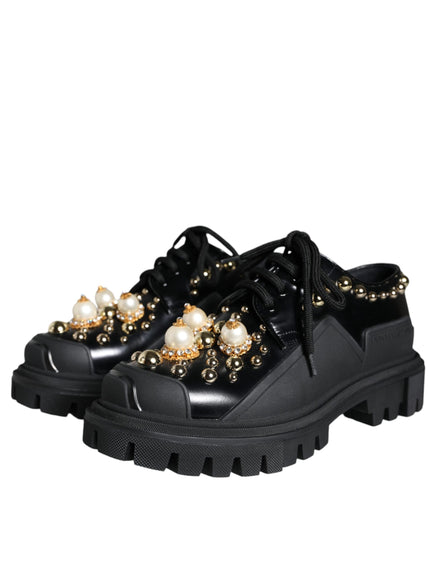 Dolce & Gabbana Black Leather Trekking Derby Embellished Shoes