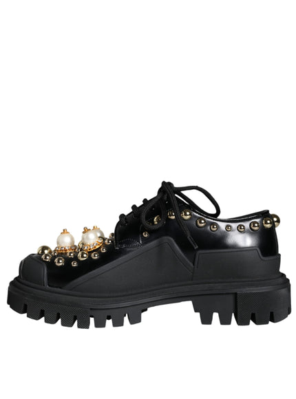 Dolce & Gabbana Black Leather Trekking Derby Embellished Shoes