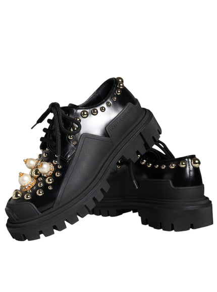 Dolce & Gabbana Black Leather Trekking Derby Embellished Shoes