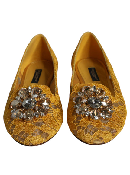 Dolce & Gabbana Lace Crystal Ballet Flats In Mustard Yellow