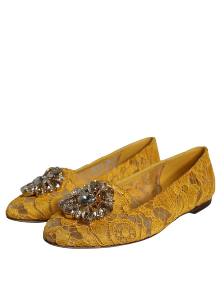 Dolce & Gabbana Lace Crystal Ballet Flats In Mustard Yellow