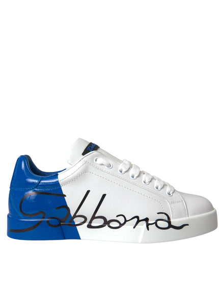 a white and blue sneaker with a black logo