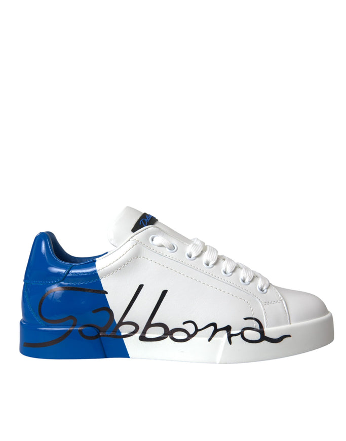 a white and blue sneaker with a black logo