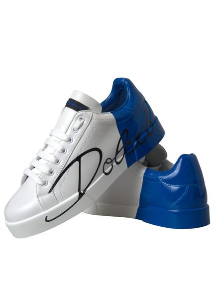 a pair of white and blue shoes with a black and white design