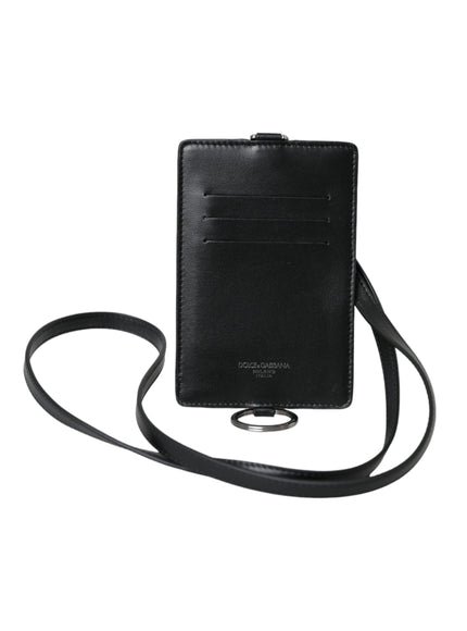 a black leather wallet with a strap