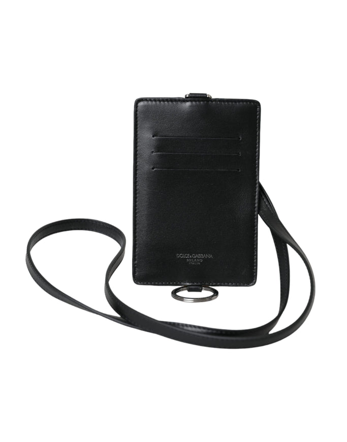 a black leather wallet with a strap