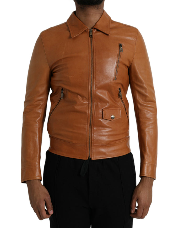 Dolce & Gabbana brown lamb leather jacket front view