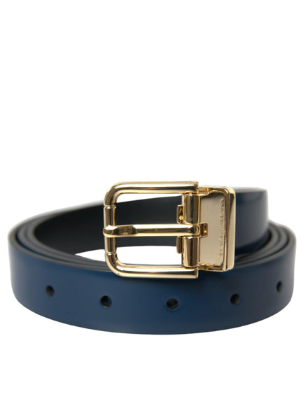 Dolce & Gabbana Blue Calf Leather Gold Metal Buckle Belt - Ellie Belle