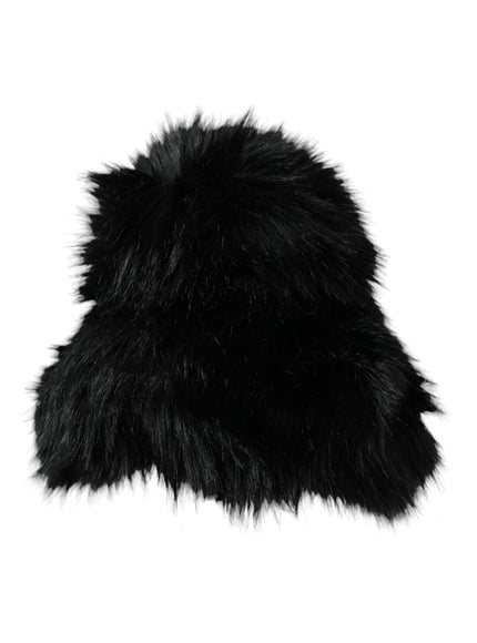 a black furry hat on a white background