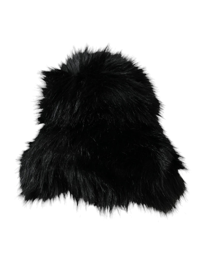 a black furry hat on a white background