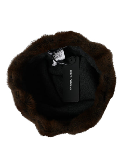 a black hat with a fur trim around it