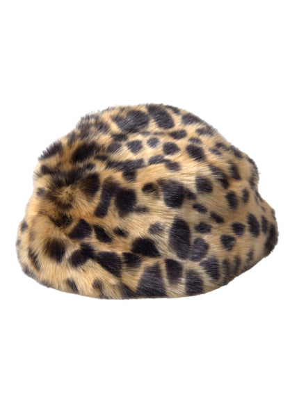 a close up of a animal print hat