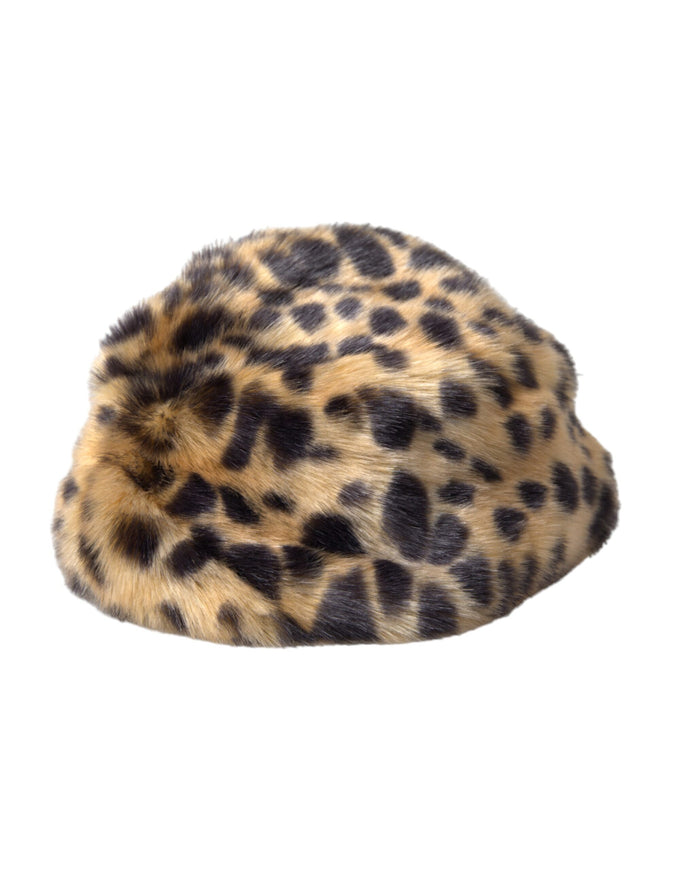 a close up of a animal print hat