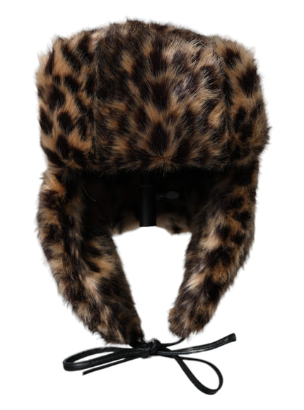 a brown and black animal print fur hat