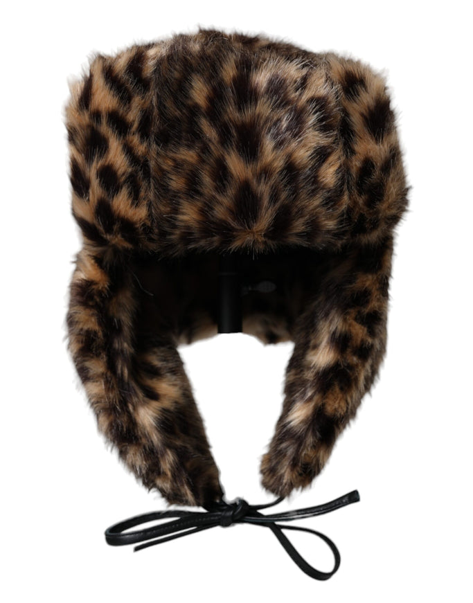 a brown and black animal print fur hat