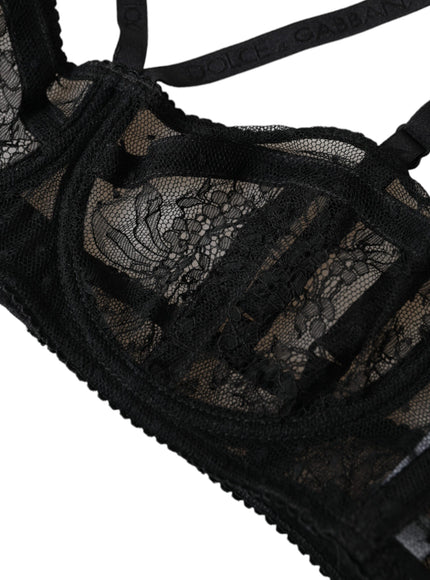 a close up of a black lingerie with lace