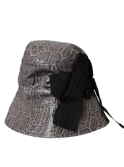 a gray and black bucket hat with a black bow