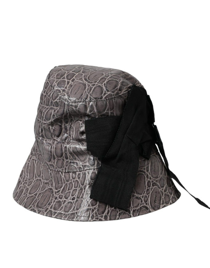 a gray and black bucket hat with a black bow